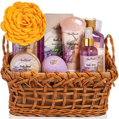 Spa Baskets For Women - Luxury Bath Set With Honey &amp; Lavender - Spa Kit Includes Wash, Bubble Bath, Lotion, Bath Salts, Body Scrub, Body Spray, Shower Puff, Bathbombs, Soap and Towel