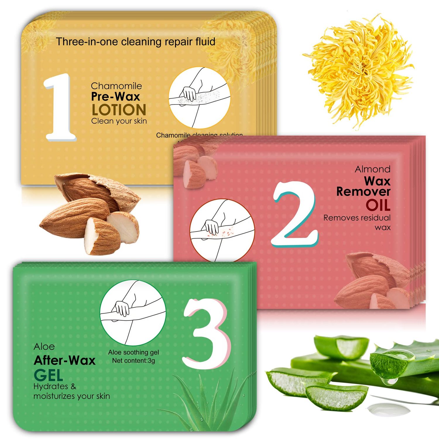 Seopri Before and After Waxing Skin Care Kit, Chamomile Pre Wax Cleanser, Almond Wax Remover Oil, Aloe Post Wax Gel, Wax Remover for All Skin Types-8 pack (24pcs)