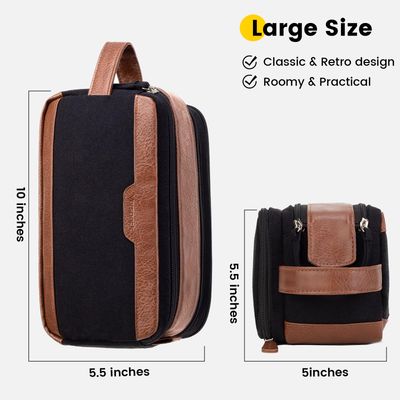 Vorspack Travel Toiletry Bag for Men - Canvas Dopp Kit Water Resistant Skincare Bag Large Shaving Bag for Bathroom Toiletries Accessories Gifts - Black