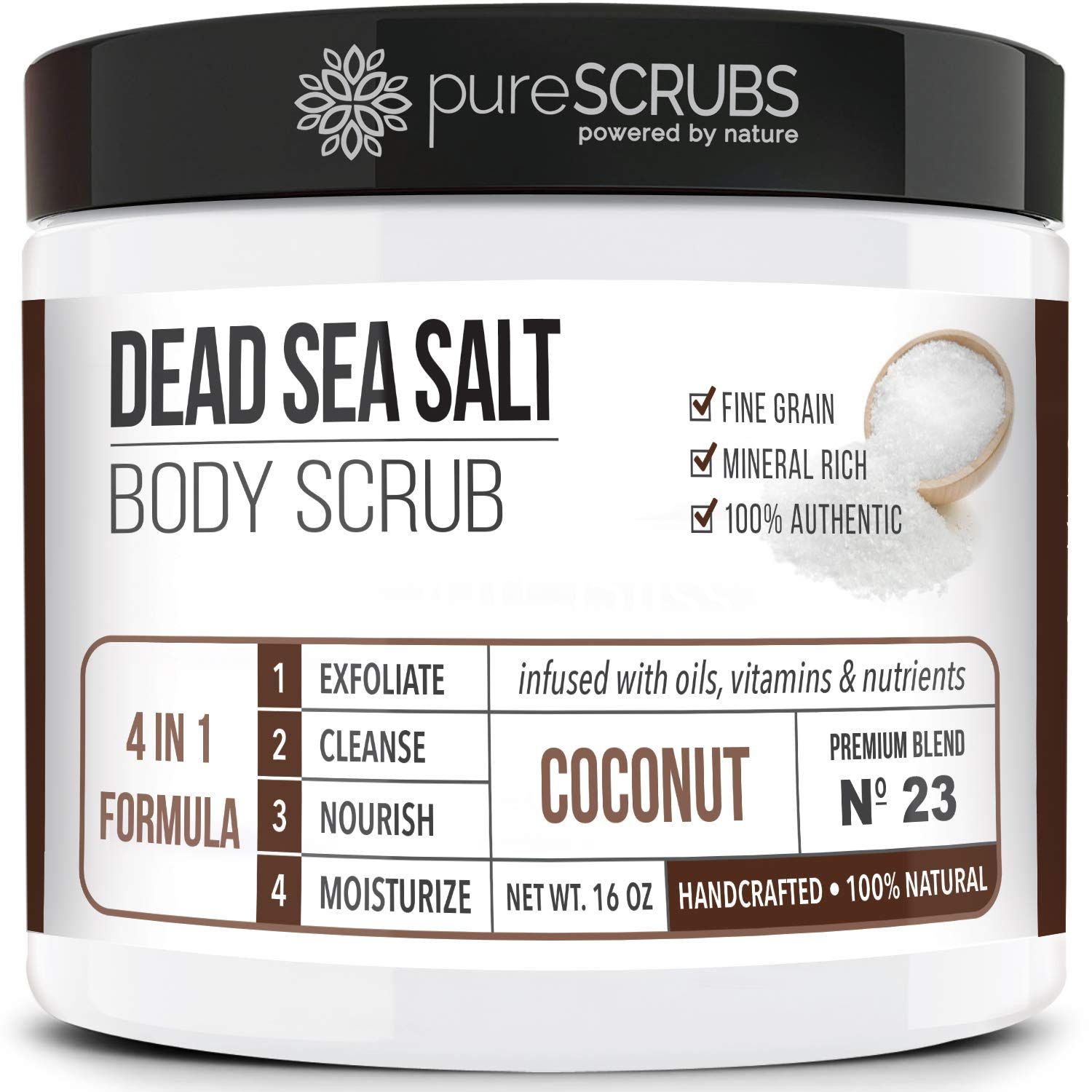 pureSCRUBS Premium Coconut Body Scrub Set - Large 16oz Dead Sea Salt Body Scrub With Infused Essential Oils &amp; Nutrients, Includes Wooden Spoon, Loofah &amp; Oatmeal Exfoliating Bar Soap