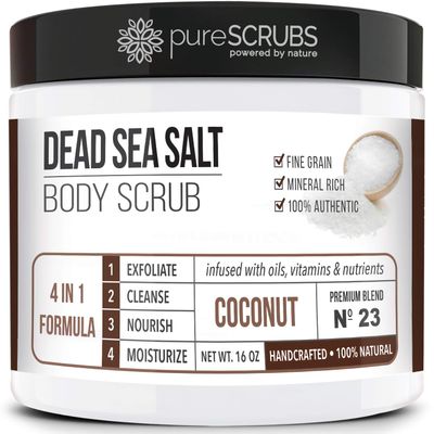 pureSCRUBS Premium Coconut Body Scrub Set - Large 16oz Dead Sea Salt Body Scrub With Infused Essential Oils &amp; Nutrients, Includes Wooden Spoon, Loofah &amp; Oatmeal Exfoliating Bar Soap