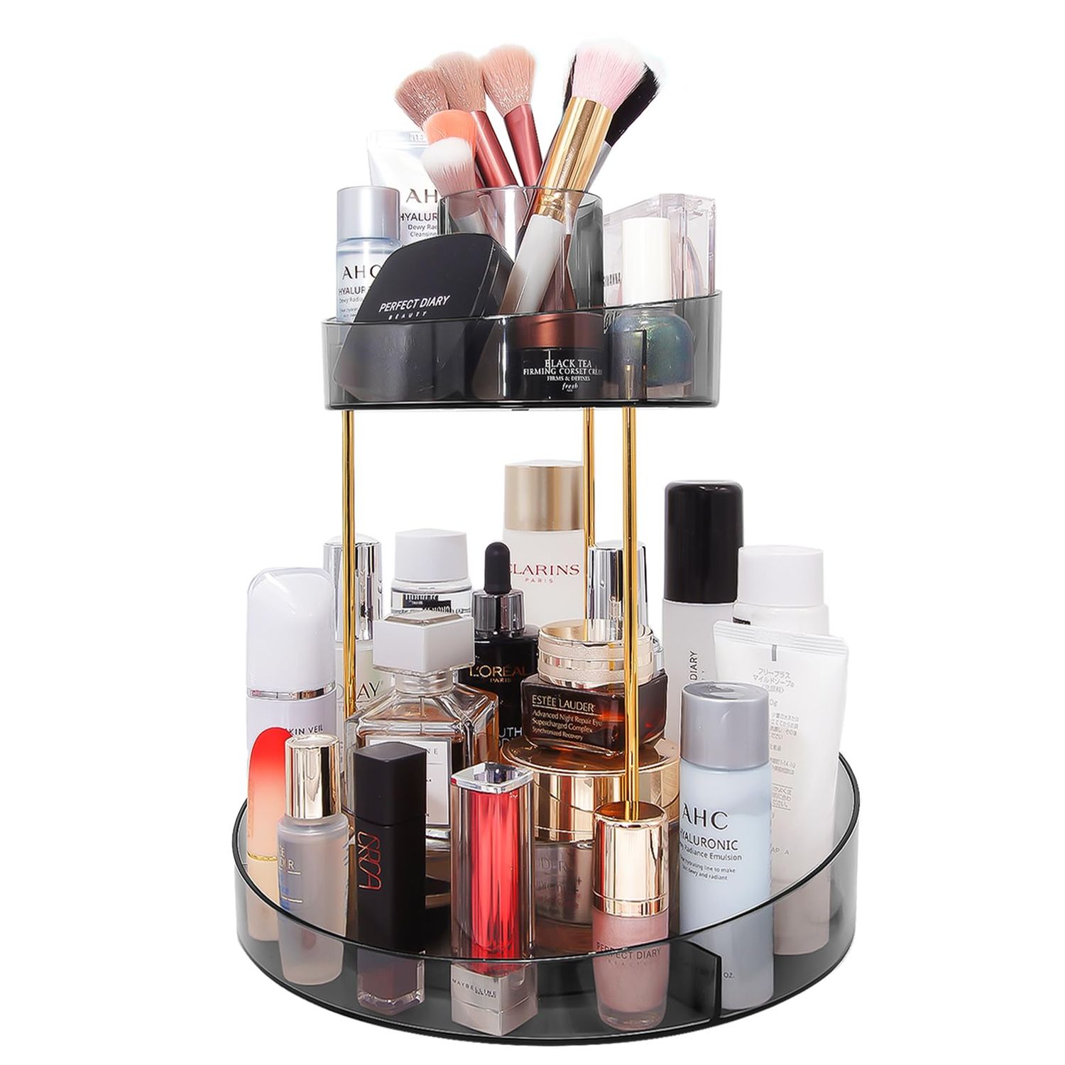 VNIMTI Rotating Makeup Organizer for Vanity, 2 Tier Skincare Organizer Countertop, Cosmetic Organizer with Makeup Brush Holder, Makeup Storage Perfume Organizer for Dresser, Counter, Bathroon (Gray)