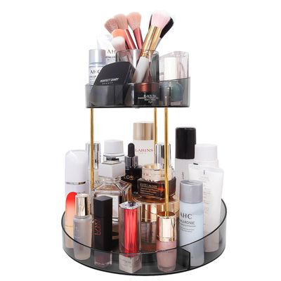 VNIMTI Rotating Makeup Organizer for Vanity, 2 Tier Skincare Organizer Countertop, Cosmetic Organizer with Makeup Brush Holder, Makeup Storage Perfume Organizer for Dresser, Counter, Bathroon (Gray)