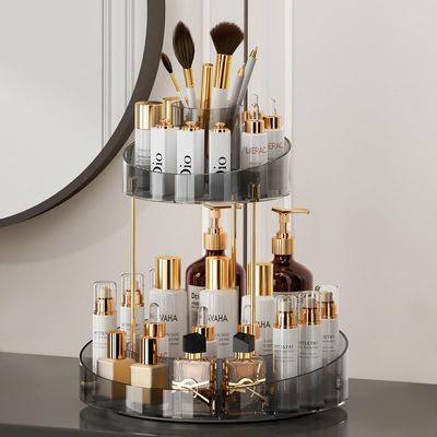 VNIMTI Rotating Makeup Organizer for Vanity, 2 Tier Skincare Organizer Countertop, Cosmetic Organizer with Makeup Brush Holder, Makeup Storage Perfume Organizer for Dresser, Counter, Bathroon (Gray)