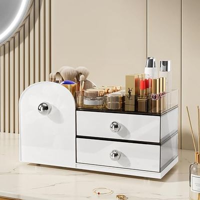 Makeup Organizer with Drawers,High-Capacity Skincare organizers,Makeup Brushes Holder,Make up organizers for Vanity,Cosmetic Display Cases,Bathroom Countertop Organizer(White)