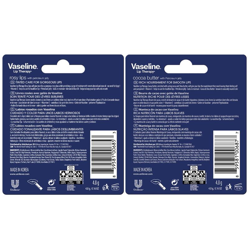 Vaseline Lip Therapy Variety 4-Pack - Rosy Lips + Cocoa Butter Moisturizing Lip Balm with Vitamin E, 0.16 Oz Ea