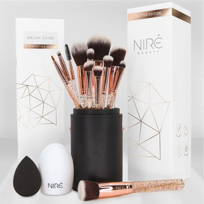 Nir Beauty 15piece Award Winning Glitter Makeup Brushes: Cute Makeup Brushes Set with Case, Beauty Blender, Cleaner, Guide, Gift Box