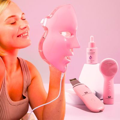 LED Face Mask Light Therapy Premium Valentines Gift Spa Kit (4 Pcs) - With Ultrasonic Scrubber, Sonic Brush &amp; Green Tea Serum - 7 Colors (Blue &amp; Red) - Valentine Gifts for Women, Galentines Day Gifts