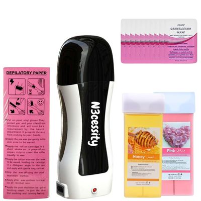 Roll on Wax Kit for Women &amp; Men: Honey and Rose Cartridges, Roll-on Warmer for Sensitive Skin Hair Removal, 100 Strips, 10 Wipes (Black)