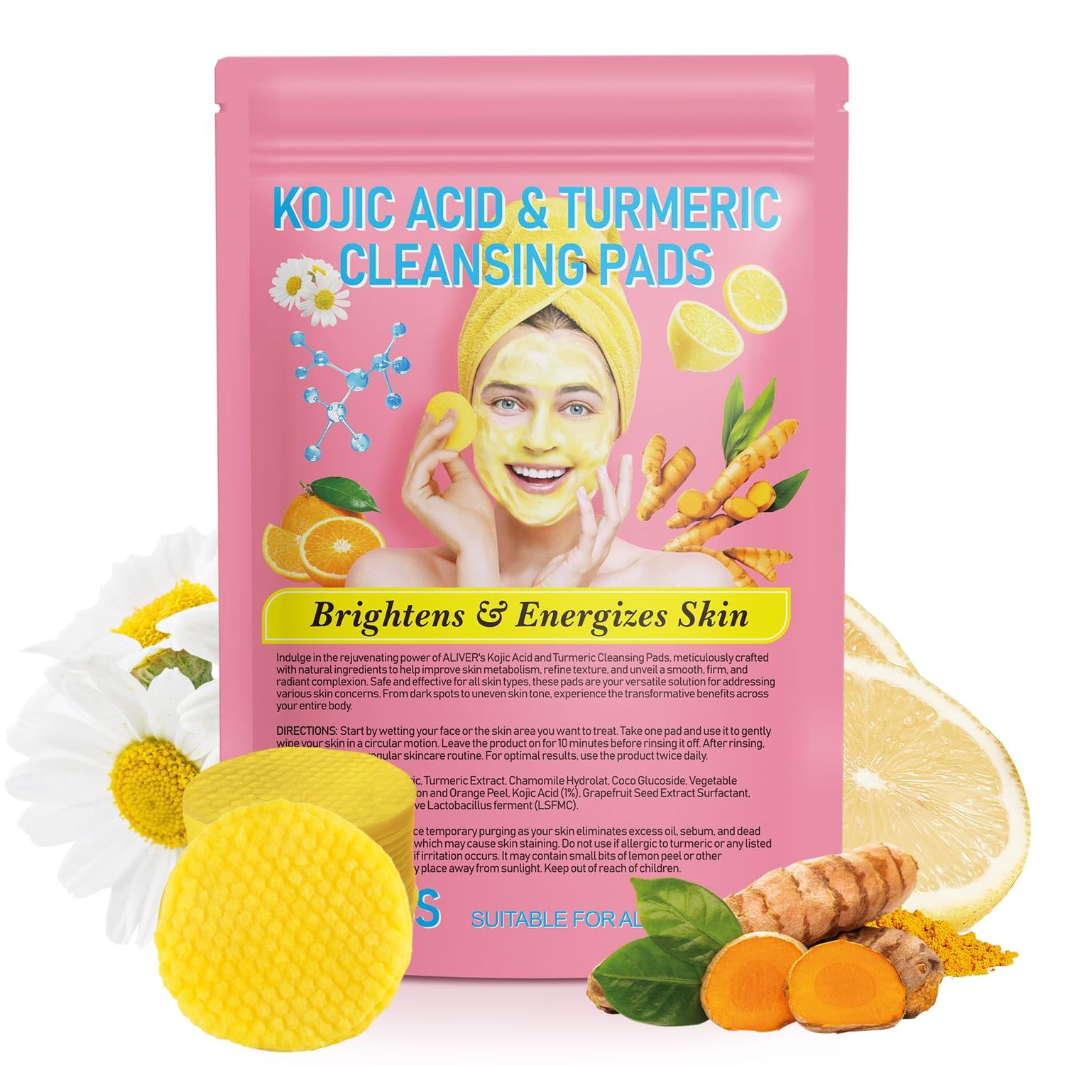 Turmeric Kojic Acid Cleansing Pads, 40pcsTurmeric Cleansing Pads for Dark Spots,Turmeric Face Scrub Pads Face and Body, Balance Skin Oil and Water