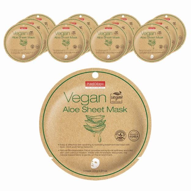 Purederm Vegan Aloe Sheet Masks (12 Packs) - Facial Sheet Mask for Soothing &amp; Hydrating Treatment