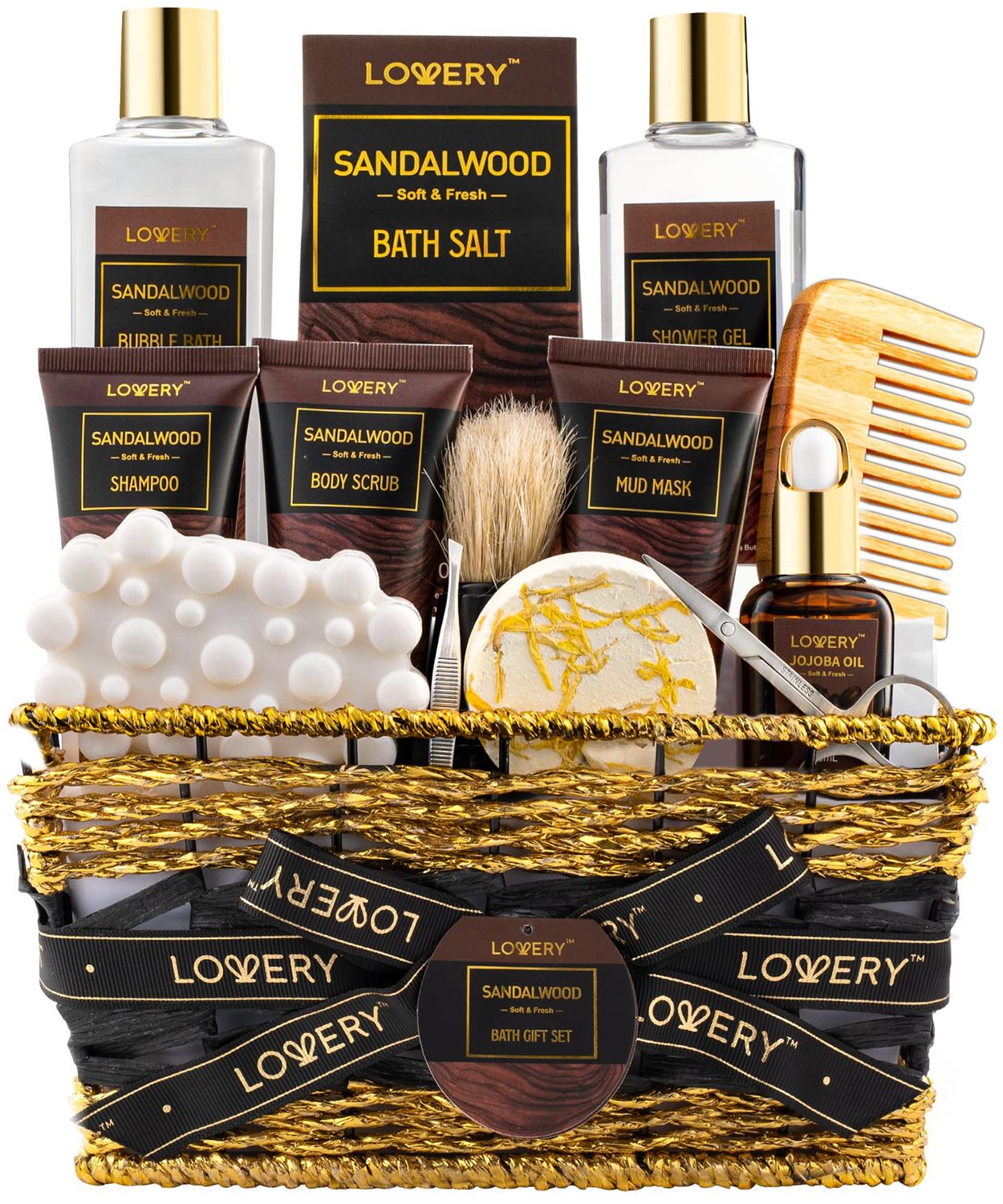 Valentines Day Mens Gift Set, 14Pc Sandalwood Bath Gift Set, Personal Self Care Kit, Gifts from Son, Relaxing Man Gift Basket for Dad, Boyfriend, Husband, Birthday Basket, Grooming &amp; Skin Care for Men