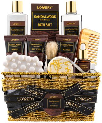 Valentines Day Mens Gift Set, 14Pc Sandalwood Bath Gift Set, Personal Self Care Kit, Gifts from Son, Relaxing Man Gift Basket for Dad, Boyfriend, Husband, Birthday Basket, Grooming &amp; Skin Care for Men