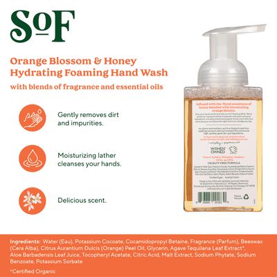 SoF Hydrating Foaming Hand Wash - With Organic Agave Nectar & Coconut Oil- Vegan & Non GMO- Free From Phthalates, Sulfates & Parabens- Orange Blossom & Honey - 8 oz Bottle 6 Pack
