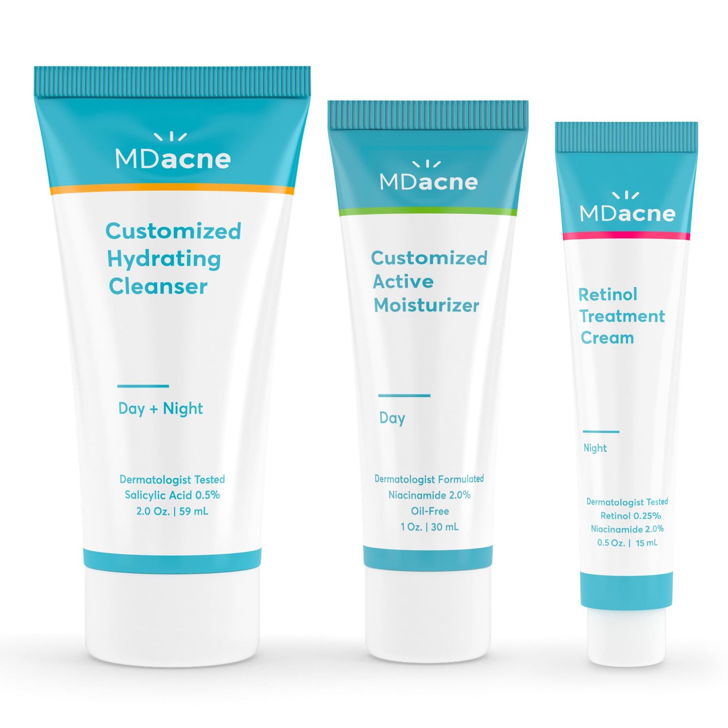 MDacne 3 Step Retinol Acne Kit - Retinol Cream 0.25%, Salicylic Acid Cleanser, Niacinamide Moisturizer - Plant-Based products for Hormonal Acne, Blemishes, and Wrinkles. 30 Day Complete Acne Care Kit