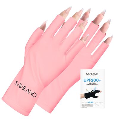 SAVILAND U V Gloves for Nails: UPF200+ High-tech Professional U V Gloves for Manicures, Anti UVA &amp; UVB 999+ U V Gloves for Gel Nail Lamp Skin Care Fingerless Gloves Prevent Hands from U V Harm (Pink)
