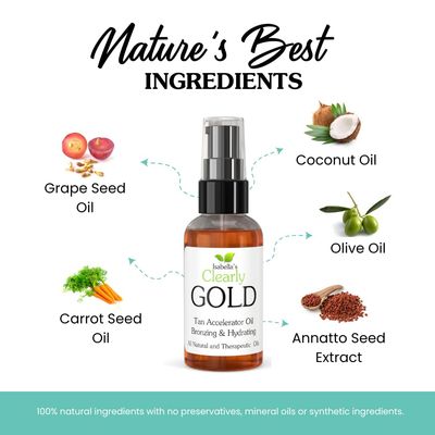Isabella's Clearly GOLD, Natural Indoor and Outdoor Tanning Oil with Bronzer | Moisturizing Sun Tan Accelerator for a Healthy Bronze Glow with Carrot Seed Oil | Made in USA