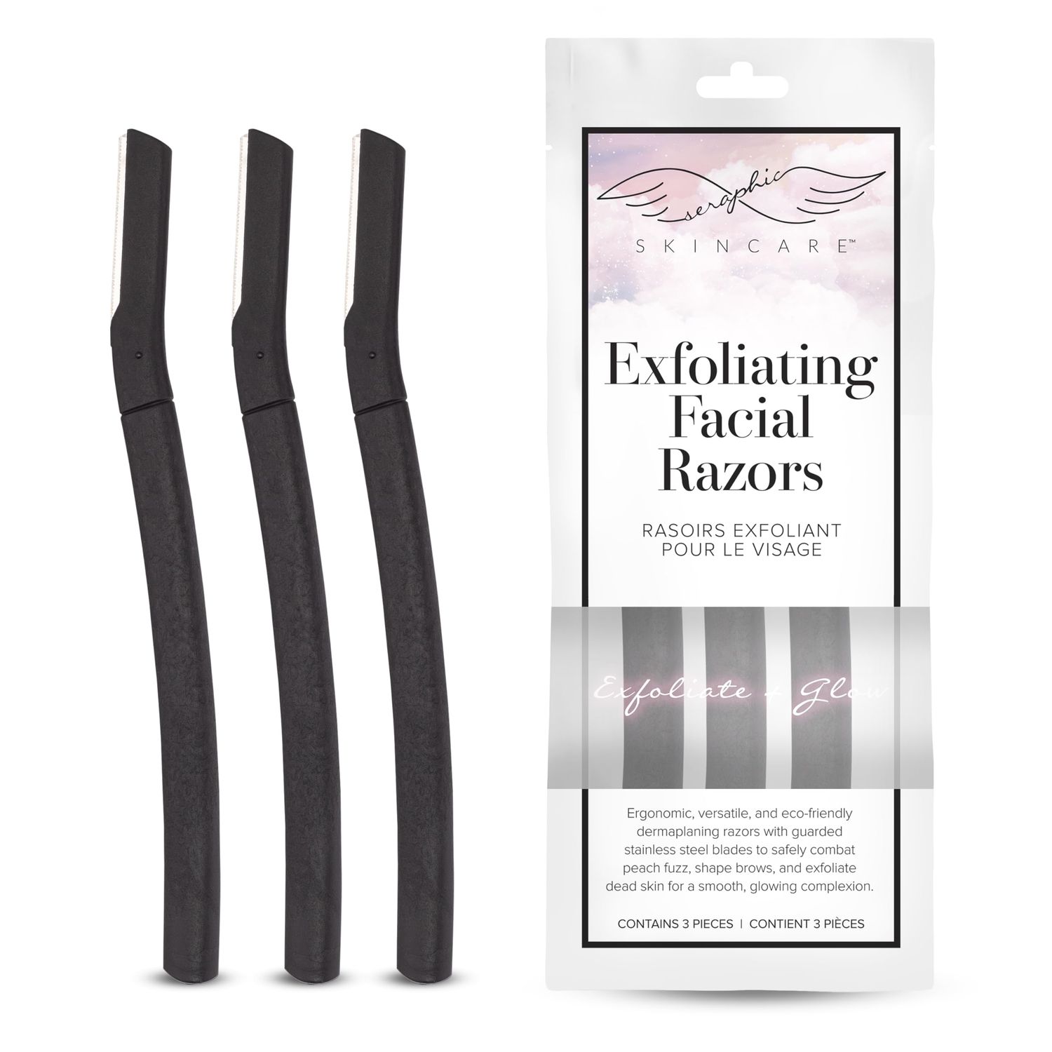Seraphic Skincare Exfoliating Facial Razors (3pc) - For Eyebrows, Peach Fuzz &amp; Exfoliation - Dermaplane Face Razor for Women - Wheat Straw &amp; Swedish Stainless Steel Blades