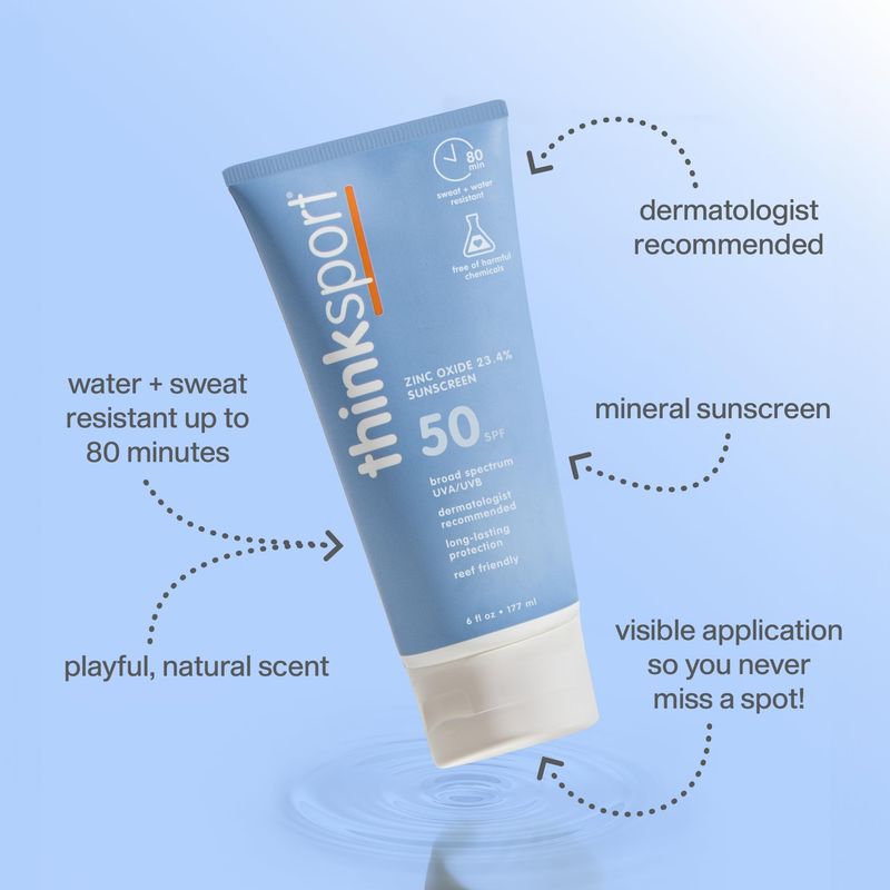 Thinksport SPF 50+ Mineral Sunscreen - Safe, Natural Sunblock for Sports &amp; Active Use - Water Resistant Sun Cream -UVA/UVB Sun Protection - Vegan, Reef Friendly Lotion, 6oz