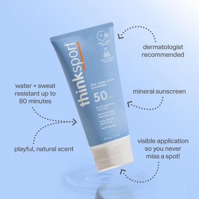Thinksport SPF 50+ Mineral Sunscreen - Safe, Natural Sunblock for Sports &amp; Active Use - Water Resistant Sun Cream -UVA/UVB Sun Protection - Vegan, Reef Friendly Lotion, 6oz