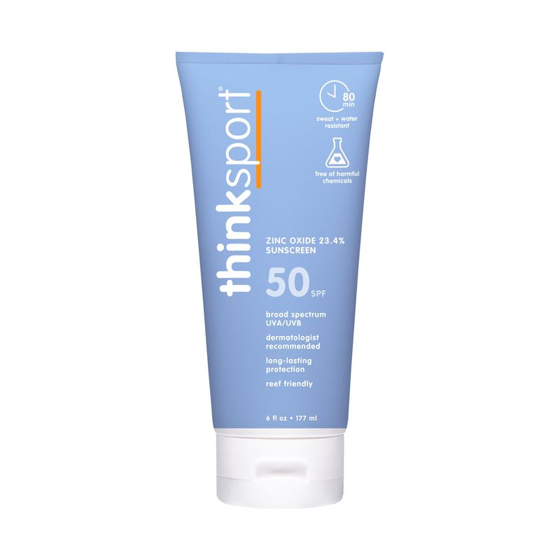 Thinksport SPF 50+ Mineral Sunscreen - Safe, Natural Sunblock for Sports &amp; Active Use - Water Resistant Sun Cream -UVA/UVB Sun Protection - Vegan, Reef Friendly Lotion, 6oz