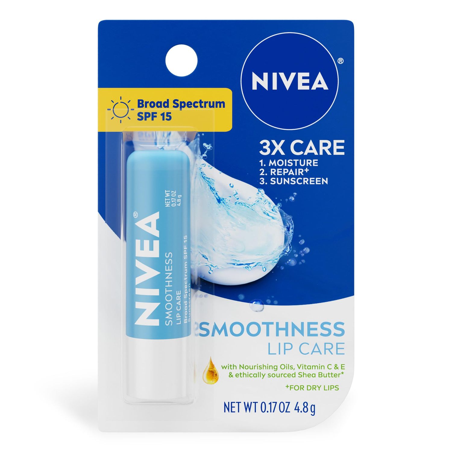 NIVEA Smoothness Lip Care, Sunscreen Lip Balm with SPF 15 Broad Spectrum, Shea Butter, Nourishing Oils and Vitamin C &amp; E, 3-in-1 Moisture, Repair (for Dry Lips) and Sunscreen, 0.17 Oz Stick