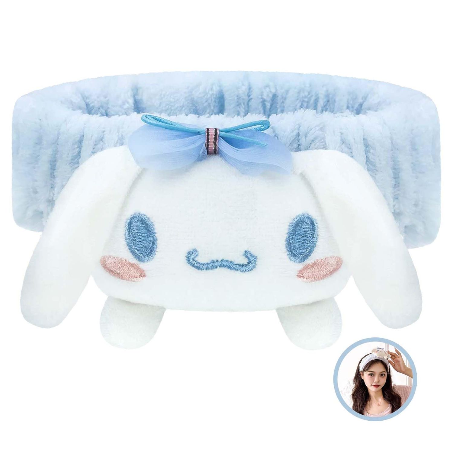 Pauluios Kawaii Spa Headband for Washing Face, Cute Women&#39;s Soft Headband, Coral Fleece Fluffy Women&#39;s Girls Hairband for Makeup, Skin Care, Shower Wash, Party (Blue-Cinn)