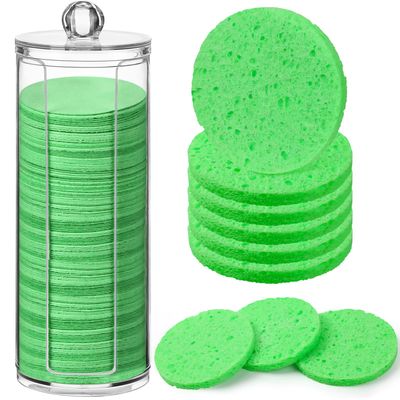 Sieral 120pcs Compressed Facial Sponges Disposable Natural Face Sponges Round Soft Pads with Container for Washing Face Cleansing Exfoliating Esthetician Makeup Removal Travel(Green)