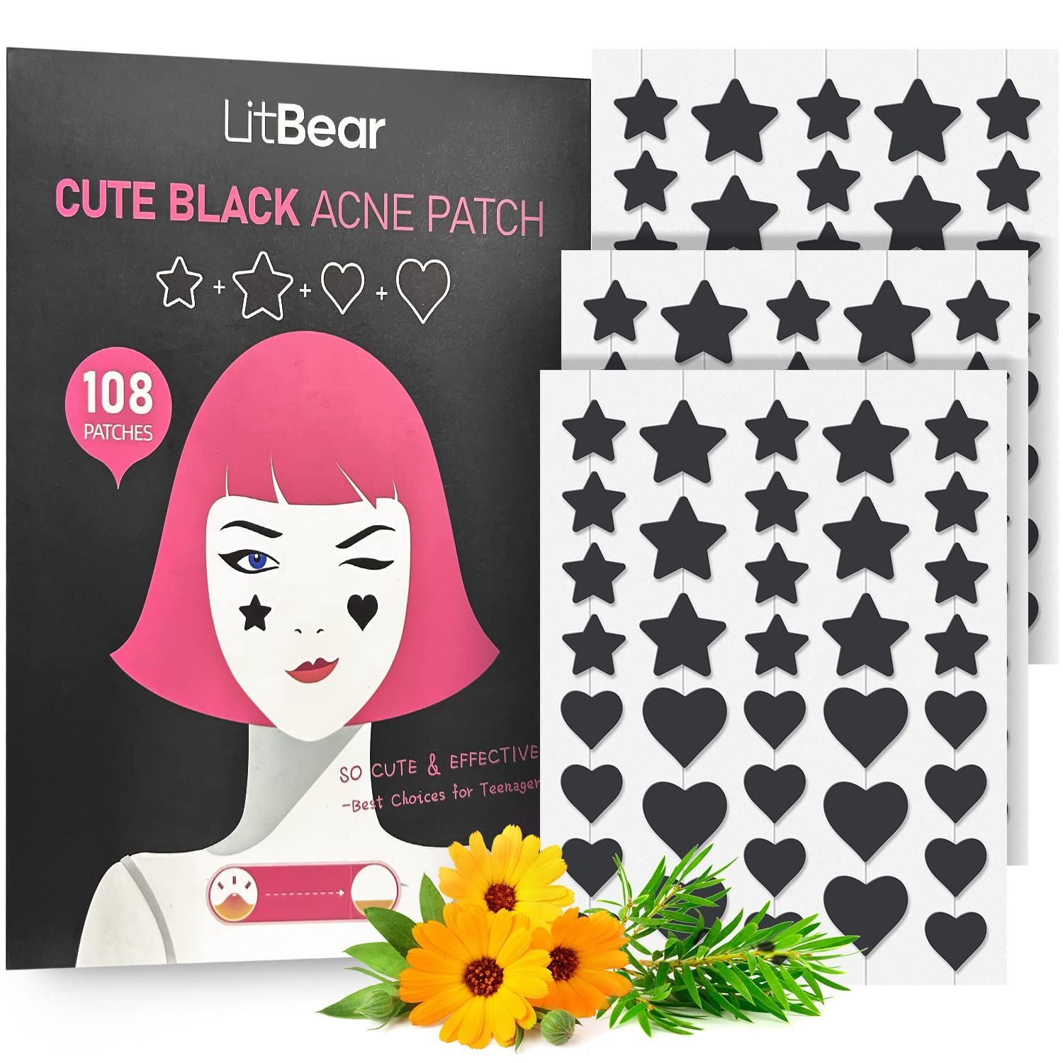 LitBear Acne Patch Pimple Patch, Black Star &amp; Heart Shaped Acne Absorbing Cover Patch, Hydrocolloid Acne Patches For Face Zit Patch Pimple Sticker Acne Dots, Tea Tree Oil + Centella (108 Count)