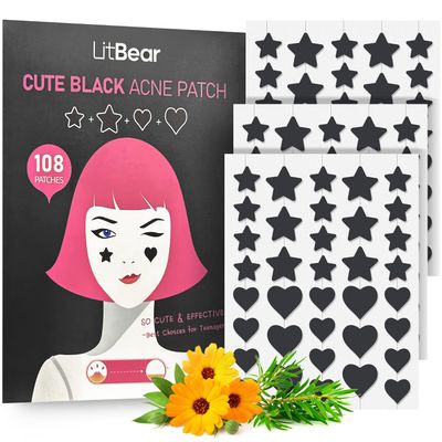 LitBear Acne Patch Pimple Patch, Black Star &amp; Heart Shaped Acne Absorbing Cover Patch, Hydrocolloid Acne Patches For Face Zit Patch Pimple Sticker Acne Dots, Tea Tree Oil + Centella (108 Count)