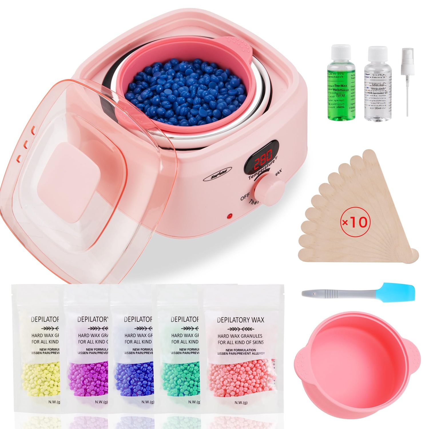 Sunvivi Waxing Kit, Brazilian Wax Warmer for Hair Removal with 5 Bag Hard Wax Beads, Digital Display Wax Melt Warmer Kit for Women Men Full Body, Legs, Face, Bikini,Sensitive skin, Pink