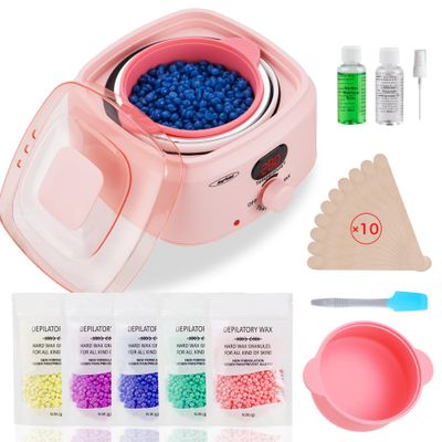 Sunvivi Waxing Kit, Brazilian Wax Warmer for Hair Removal with 5 Bag Hard Wax Beads, Digital Display Wax Melt Warmer Kit for Women Men Full Body, Legs, Face, Bikini,Sensitive skin, Pink