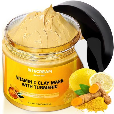 Hicream Turmeric Vitamin C Clay Mask, Deep Cleansing Facial Mask, Face Mask Skin Care with Kaolin Clay and Aloe for Pores, Acne, Dark Spots, Hydrating 5.29 Oz - Valentines Day Gifts for Women Her