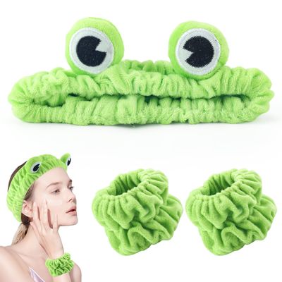 TUCEWP Spa Headband and Wristband Set 3Pcs Skincare Headbands Wrist Bands for Washing Face Cute Frog Makeup Cosmetic Headband Pack Soft Fluffy Elastic Facial Headbands Women Girls Shower Hair Supplies