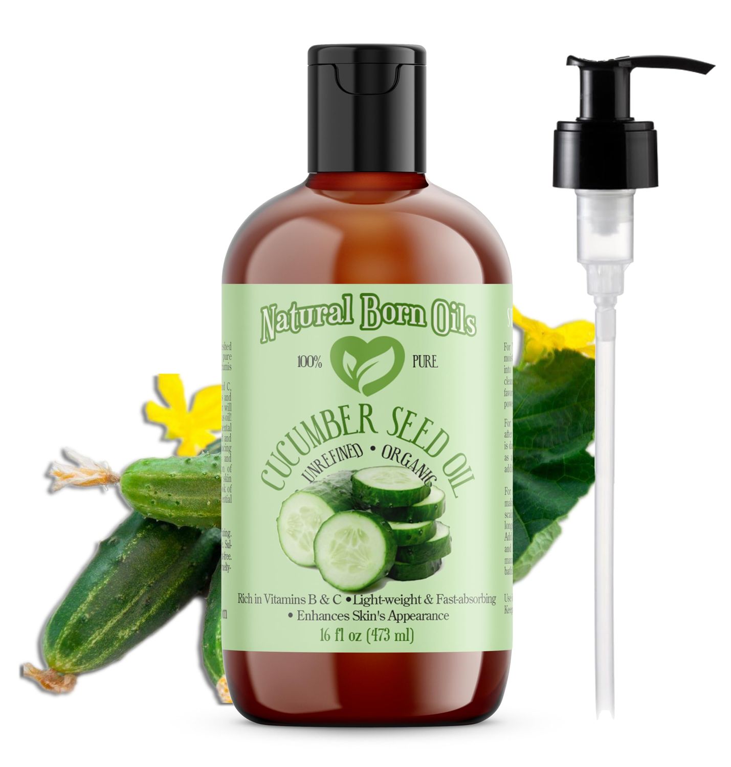 Natural Born Oils Cucumber Seed Oil, 16oz, Organic, Cold-Pressed, Nutrient-Rich, Deep Skin Care, Hair Revitalization