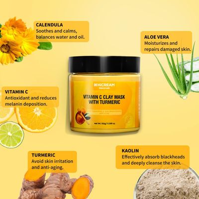 Hicream Turmeric Vitamin C Clay Mask, Deep Cleansing Facial Mask, Face Mask Skin Care with Kaolin Clay and Aloe for Pores, Acne, Dark Spots, Hydrating 5.29 Oz - Valentines Day Gifts for Women Her