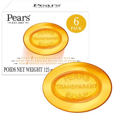 PEARS Soap, Face &amp; Body Soap, Amber - Pure &amp; Gentle Transparent Bar Soap, Moisturizing Glycerin Soap with Natural Oils for Pampered, Glowing Skin, 4.4 Oz (Pack of 6)