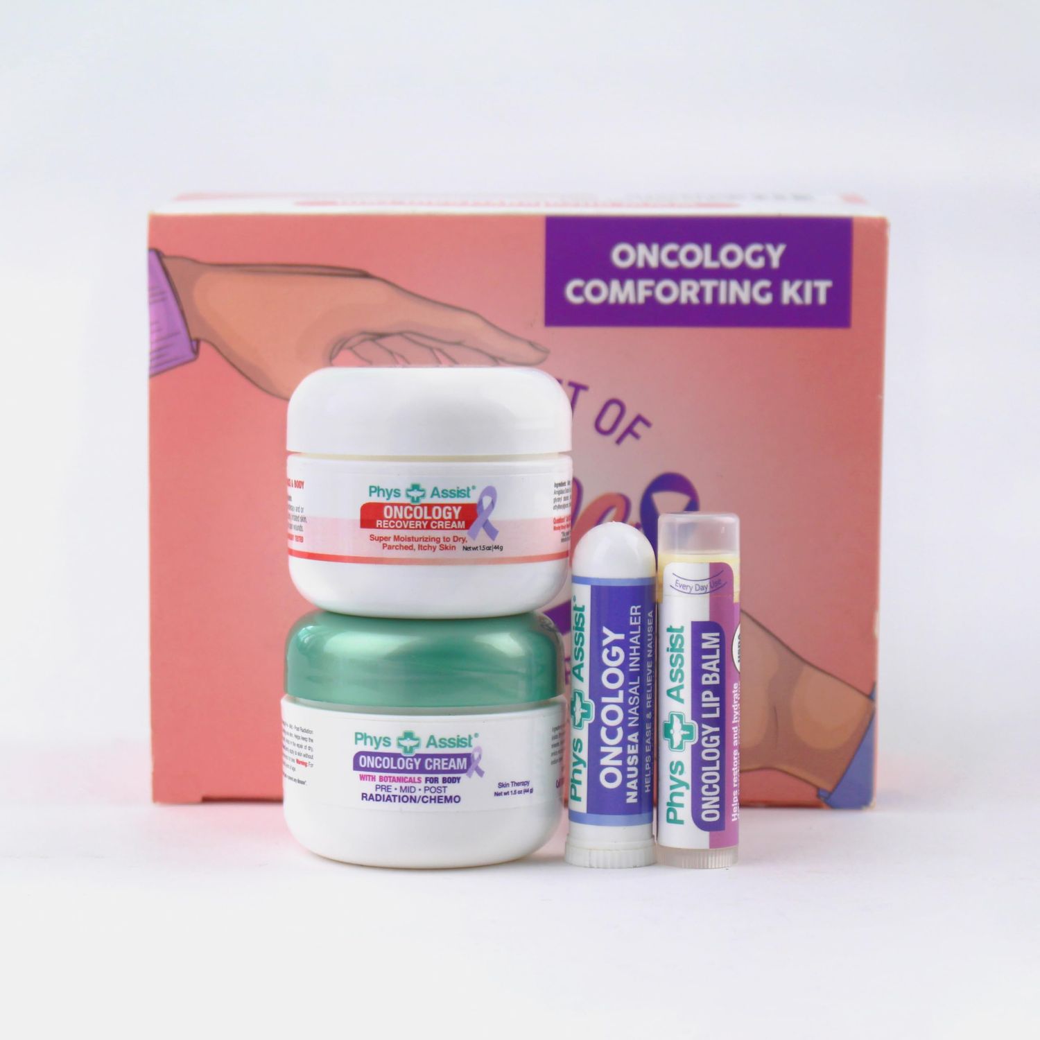 PhysAssist - Comfort kit for Chemo &amp; Radio Patient The Gift of Love, Faith &amp; Support. 2-1.5 oz face and body cream plus lip balm &amp; inhaler