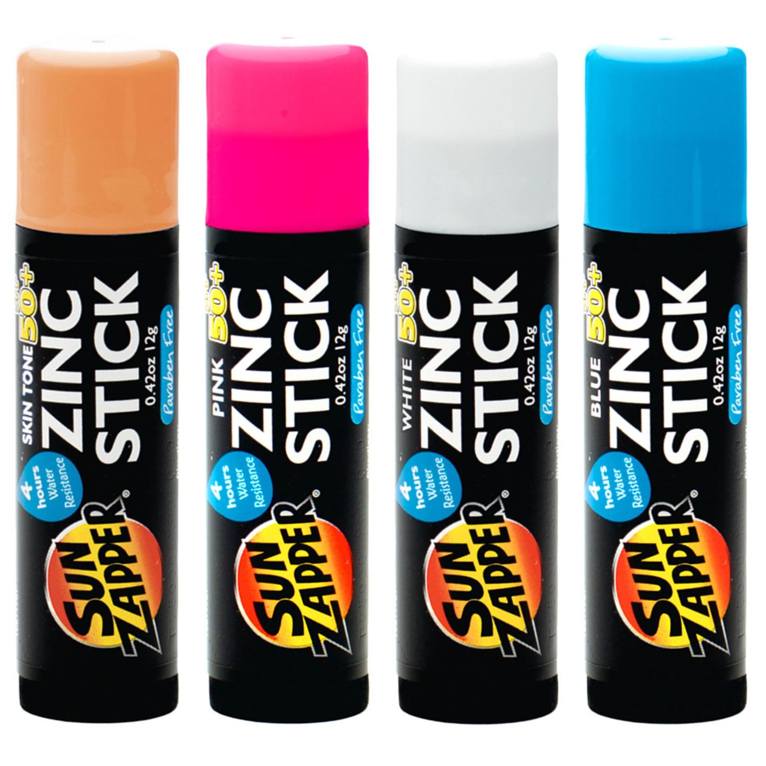 Sun Zapper Zinc Oxide Sunscreen Sticks - SPF 50+ Water Resistant - Beach Pack with 4 Colors (Light Skin Tone, Pink, White, Blue) - Broad Spectrum Sunblock for Face &amp; Body - Made in Australia