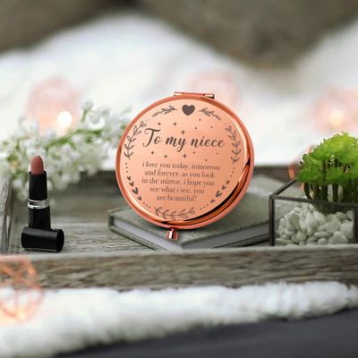 YSUNM Ming Heng Niece Gift Rose Gold Travel Compact Makeup Mirror,Niece Gift from Aunt and Uncle, Graduation Gifts for Her, Niece Birthday Gift Ideas, Niece Christmas from Auntie Uncle