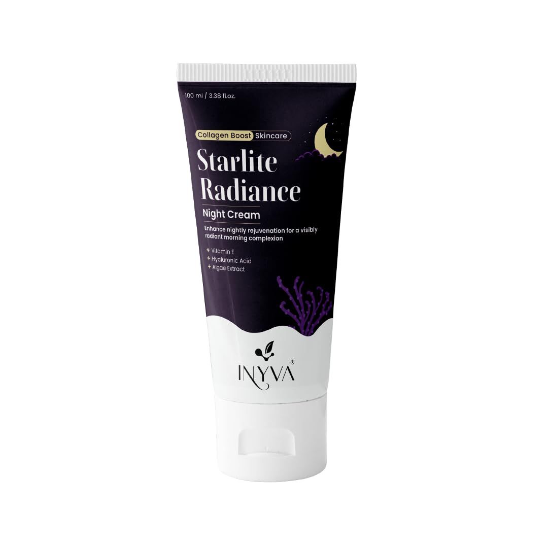 INYVA Starlite Radiance Night Cream | Intensive Hydration with Hyaluronic Acid, Vitamin E &amp; Algae Extract | Anti-Aging &amp; Revitalising | Deep Moisturizing for All Skin Types - 3.38 Oz