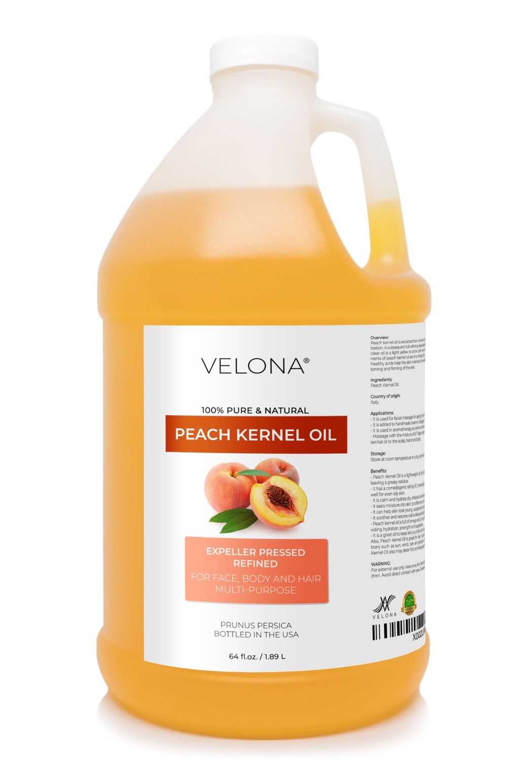 velona Peach Kernel Oil 64 Fl Oz | 100% Pure and Natural Carrier Oil | Refined, Cold pressed | Cooking, Skin, Hair, Body &amp; Face Moisturizing | Use Today - Enjoy Results