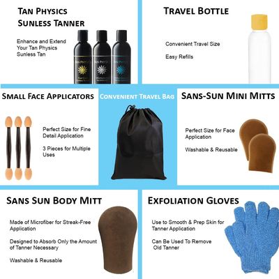 Tan Physics Self Tanner, 13 pcs Deluxe Bundle - Tan Physics True Color Sunless Tanner, Pre-Tan Exfoliator, & Tan Extender - Travel Bag & Bottle, Exfoliation Glove, Mitt & Applicators
