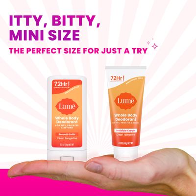 Lume Whole Body Deodorant - Invisible Cream + Solid Stick Mini Bundle - 72 Hour Odor Control - Aluminum &amp; Baking Soda Free, Skin Loving - 0.5 Ounce Each - Travel, Trial Size Minis (Clean Tangerine)