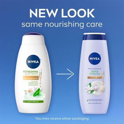 NIVEA Refreshing Basil and White Tea Refreshing Body Wash, Scented Body Wash with Nourishing Serum, Plant-Derived Oils, Essential Skin Lipids and Vitamins, 20 Fl Oz Bottle