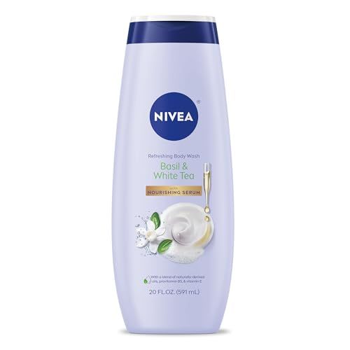 NIVEA Refreshing Basil and White Tea Refreshing Body Wash, Scented Body Wash with Nourishing Serum, Plant-Derived Oils, Essential Skin Lipids and Vitamins, 20 Fl Oz Bottle