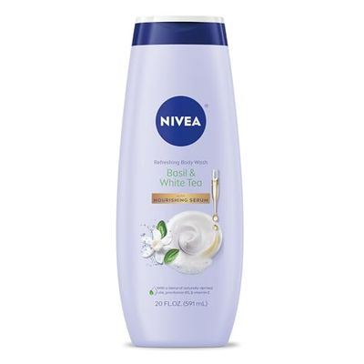 NIVEA Refreshing Basil and White Tea Refreshing Body Wash, Scented Body Wash with Nourishing Serum, Plant-Derived Oils, Essential Skin Lipids and Vitamins, 20 Fl Oz Bottle