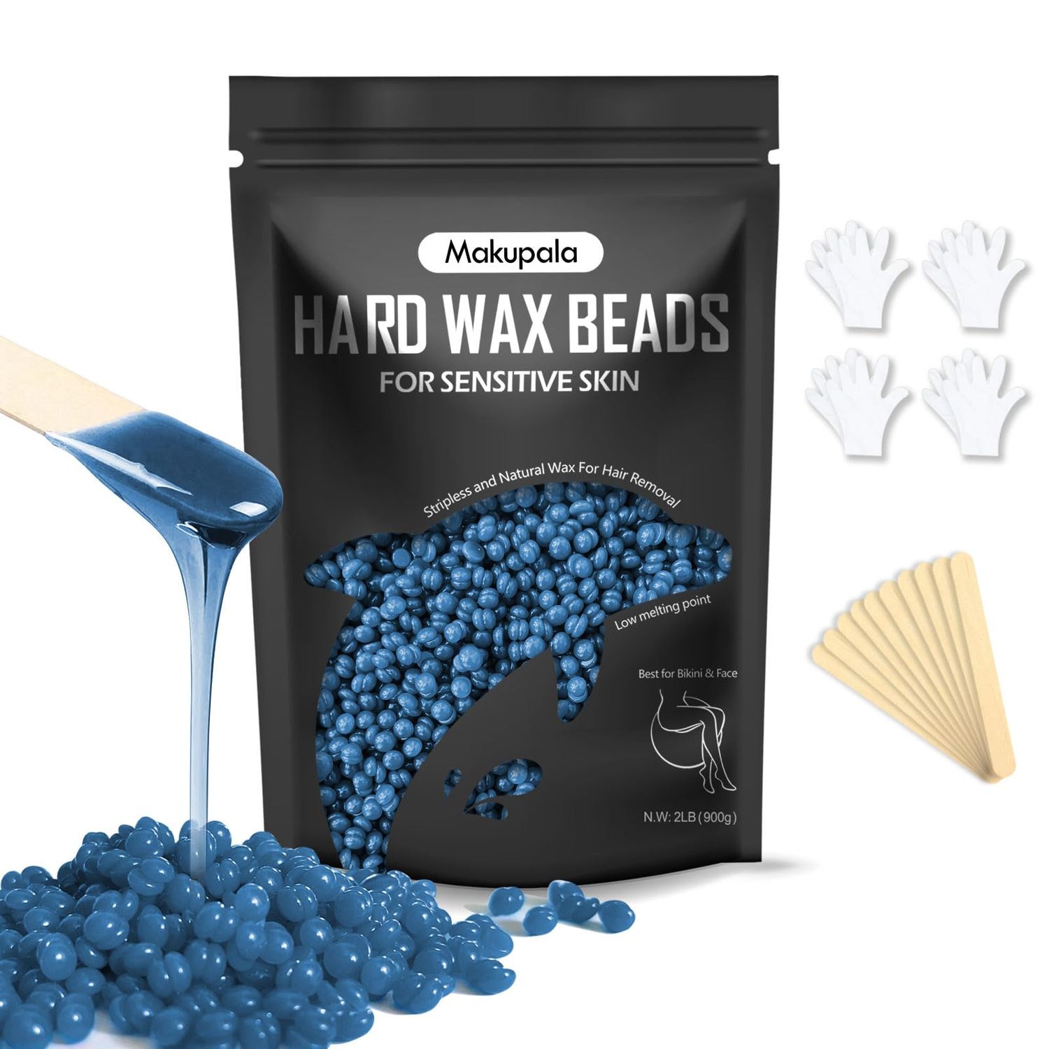 Makupala Hard Wax Beads for Sensitive Skin, 2lb Unscented Waxing Beads at Home for Brazilian Waxing Women Men, Professional Wax Beans Hair Removal for Body, Bikini, Legs, Facial, Easy Use, Blue