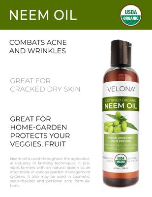 velona Neem Oil USDA Certified Organic - 4 fl oz | 100% Pure and Natural Carrier Oil | Virgin, Unrefined, Cold Pressed | Hair, Body and Skin Care | Use Today - Enjoy Results