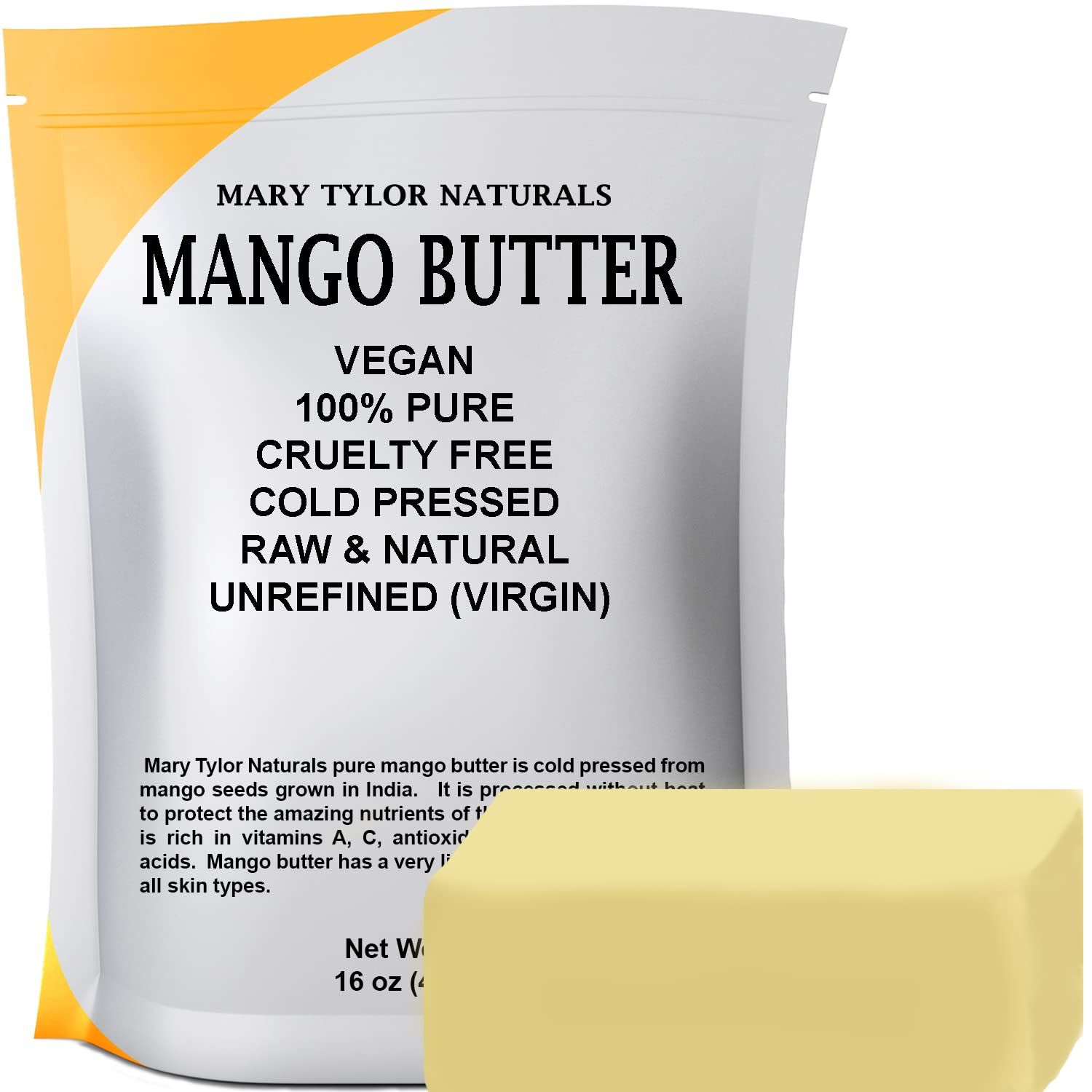 Mango Butter 1 lb - by Mary Tylor Naturals - Cold Pressed, Unrefined,Raw Pure Mango Butter - Skin Nourishment, Moisturizing for Hair, Skin